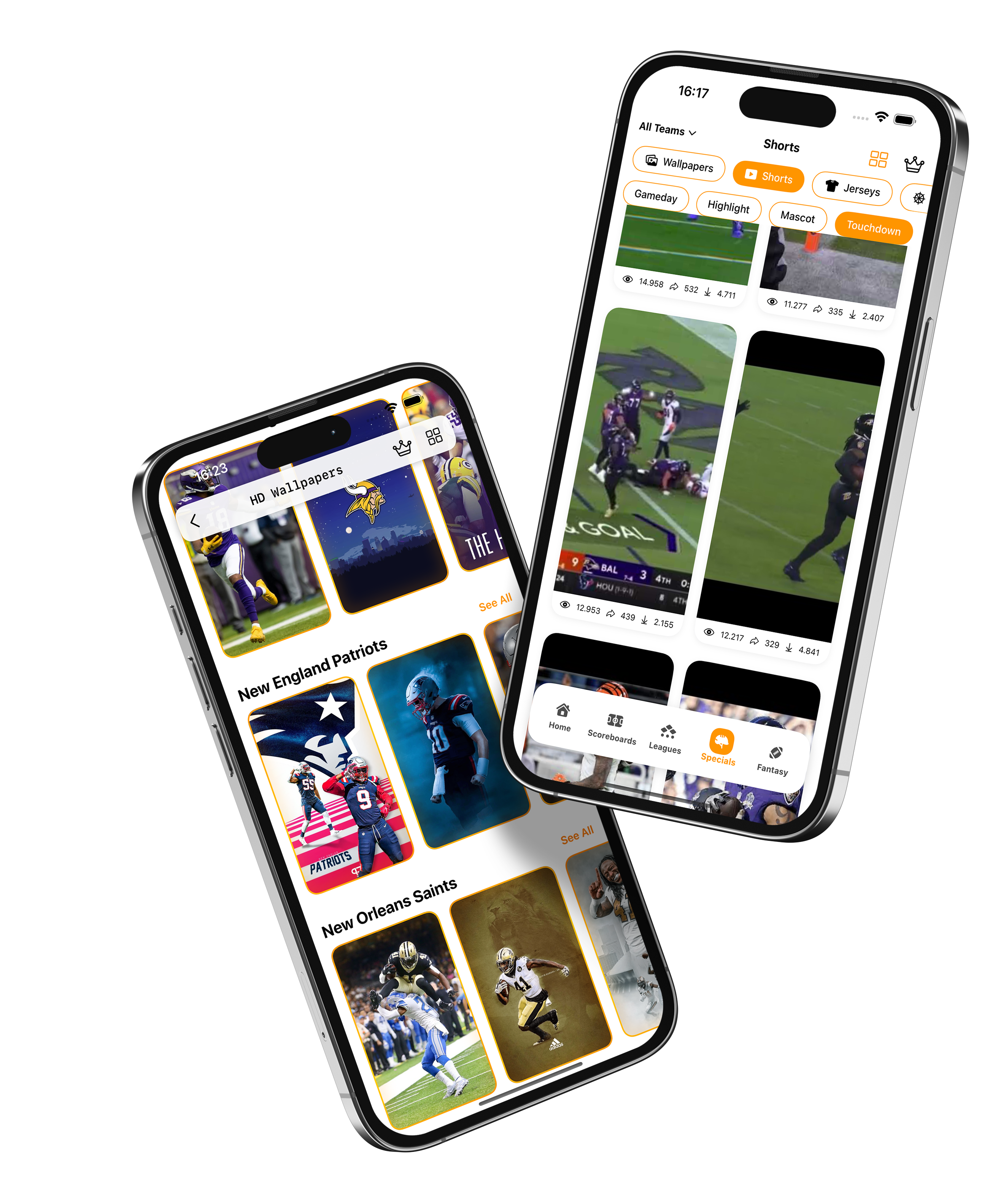 App screenshot showing HD wallpapers and team content